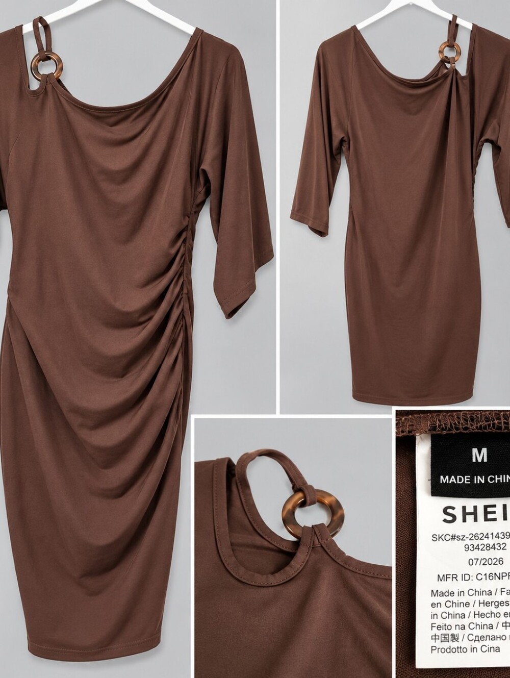 SHEIN Chocolate Brown One-Shoulder Ruched Bodycon Dress with Ring Strap